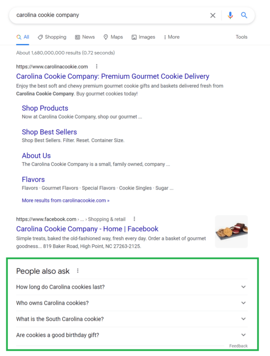 An example of brand-centric search results and PAA