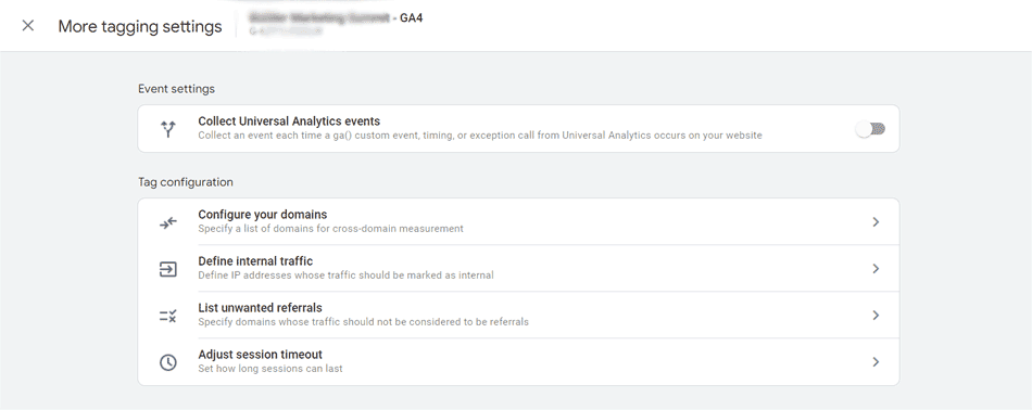 GA4 screenshot of additional settings options