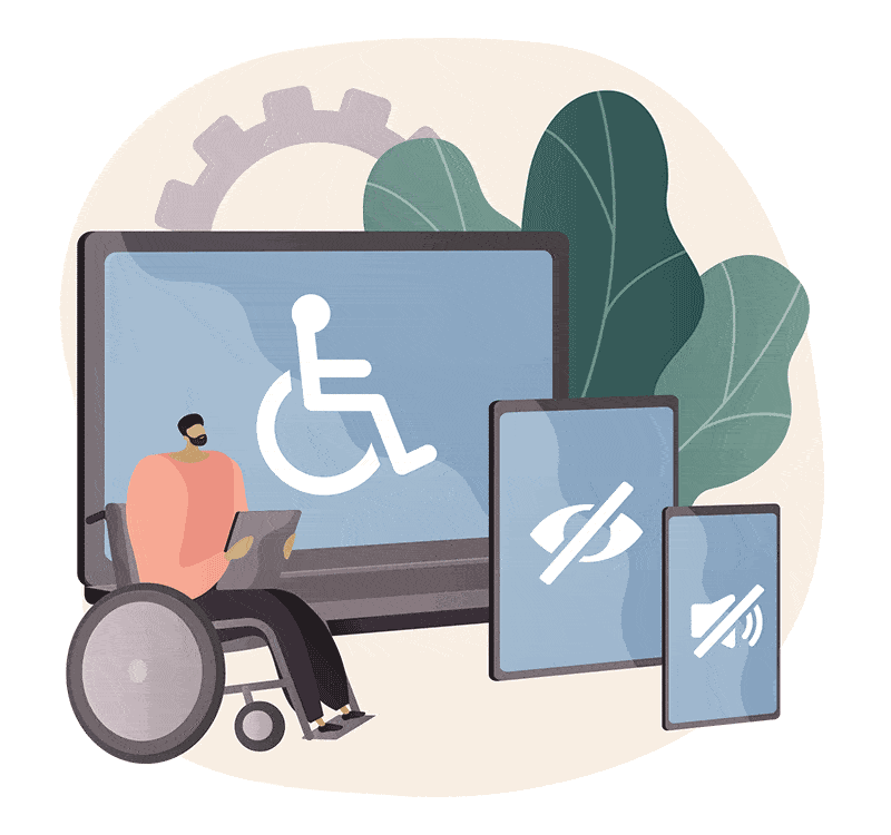 Illustration of man in wheelchair in front of computer tablet and phone