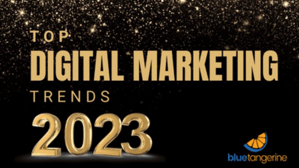 Top Digital Marketing Trends 2023 on black background with gold glitter