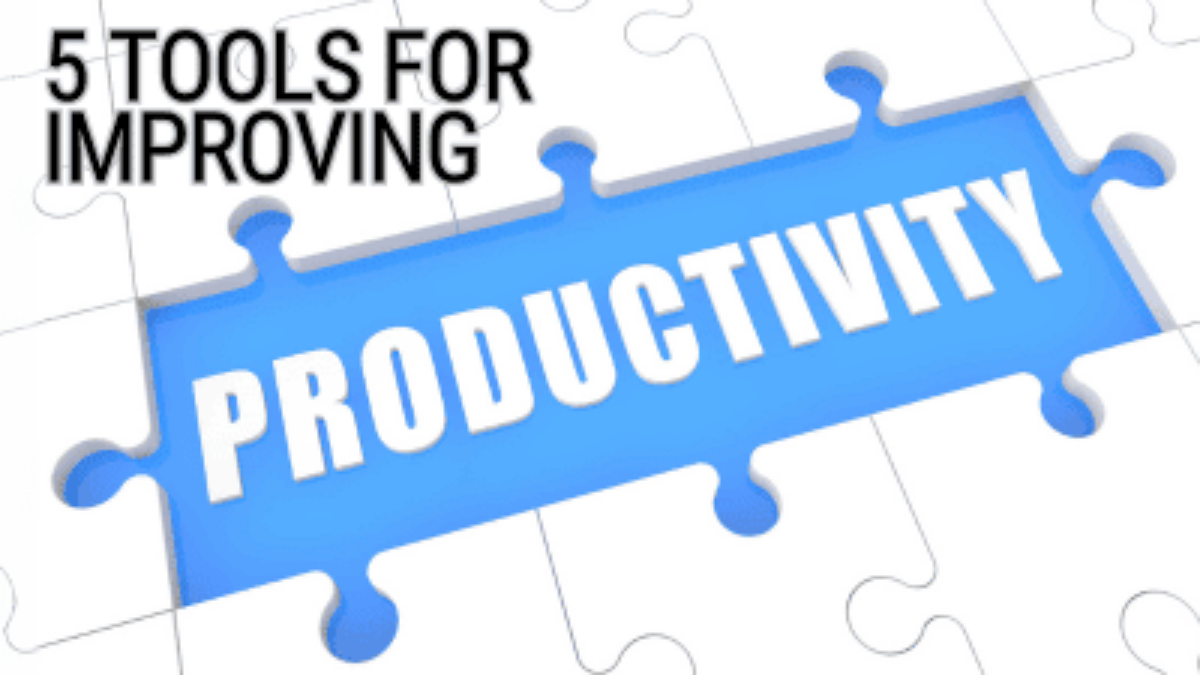 A blue puzzle piece on a white background and the image reads: 5 Tools for Improving Productivity