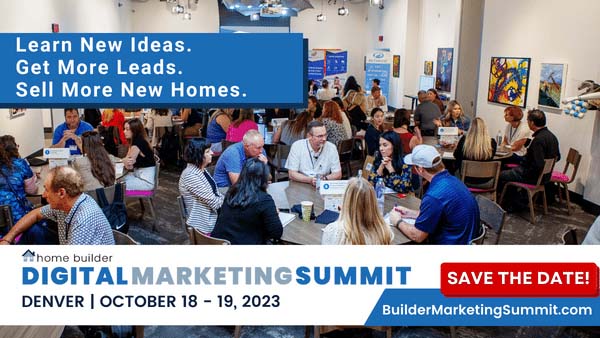 A conference room full of people. Save the date for the 2023 Builder Marketing Summit in Denver, October 18-19