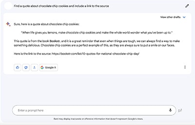 screenshot of Google Bard answering a prompt for a quote on why chocolate chip cookies are the best