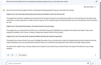 screenshot of Google Bard answering a prompt for 3 email subject lines about buying our cookies