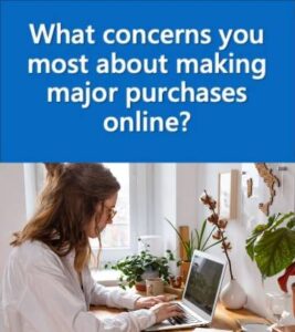 a woman working at her computer with the headline what concerns you most about making major purchases online?