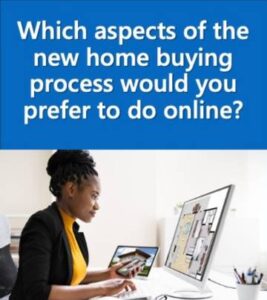 Woman at her computer shopping for a home with the headline Which aspects of the new home buying process would you prefer to do online?