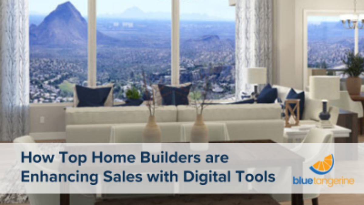 A nicely decorated great room with a beautiful view of mountain landscape from a home builder website immersive experience using digital tools.