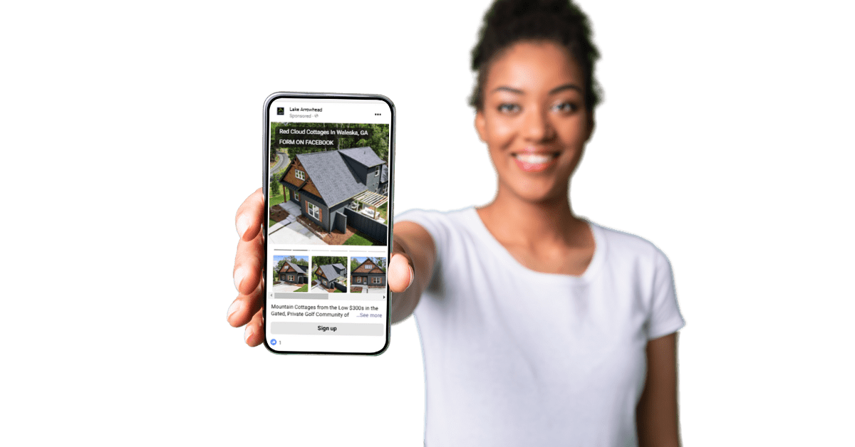 Woman holding cell phone with home builder social media ad