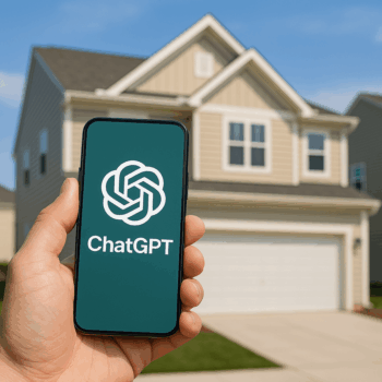 Smartphone in Suburban Setting Phone with ChatGPT with new home in background